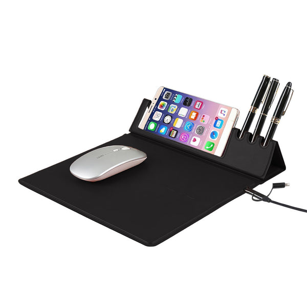 PU Leather Mousepad with Wireless Charging, Pen & Mobile Holder, Blank