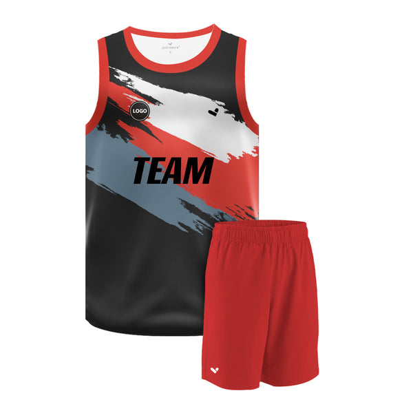 Black & Red design printed basketball uniform jersey and Plain Shorts, MOQ 6 Pcs