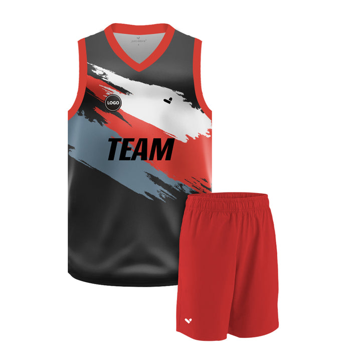 Black & Red design printed basketball uniform jersey and Plain Shorts, MOQ 6 Pcs - Just Adore