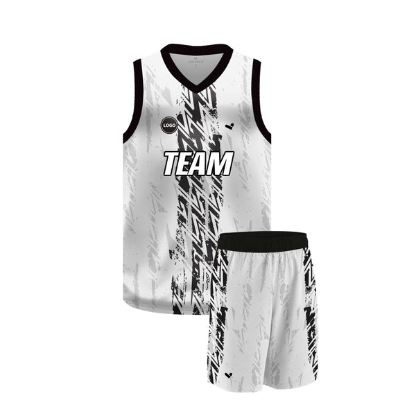 Black & white full printed Basketball jersey and shorts, MOQ 6 Pcs