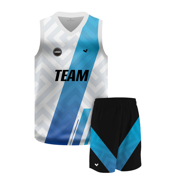 Blue & White Sublimation printed basketball uniform jersey and Shorts, MOQ 6 Pcs