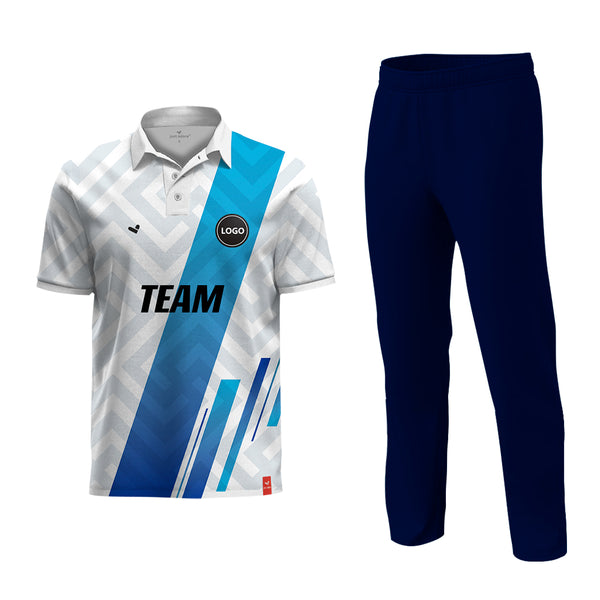 White and Blue Cricket Printed jersey and Plain Pant - MOQ 11 Sets