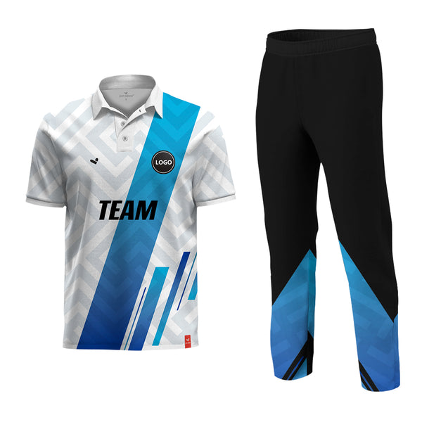 Blue and White Full Sublimation Cricket Team Uniform set, MOQ - 11 Sets
