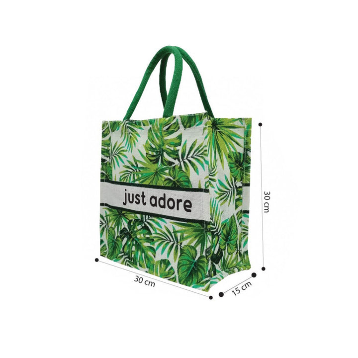 Green Leaf Printed Jute Bags with Padded Handle - Just Adore