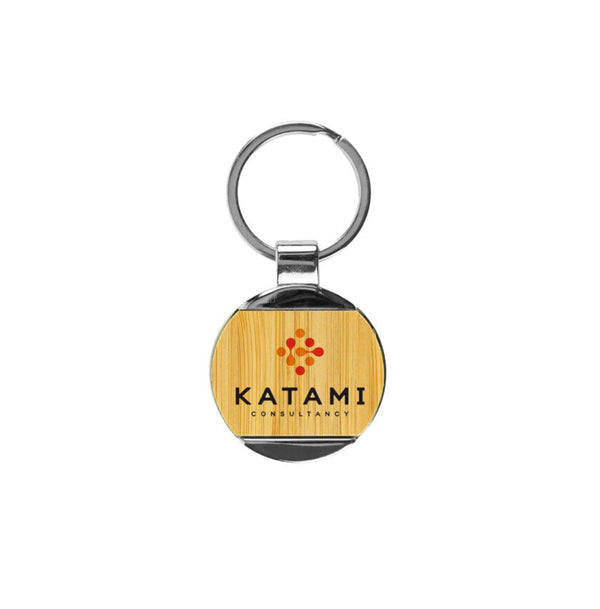 Promotional Round Bamboo and Metal Keychains, Blank - MOQ 100 pcs