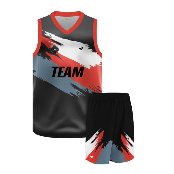 Black & Red design printed basketball uniform jersey and Shorts, MOQ 6 Pcs