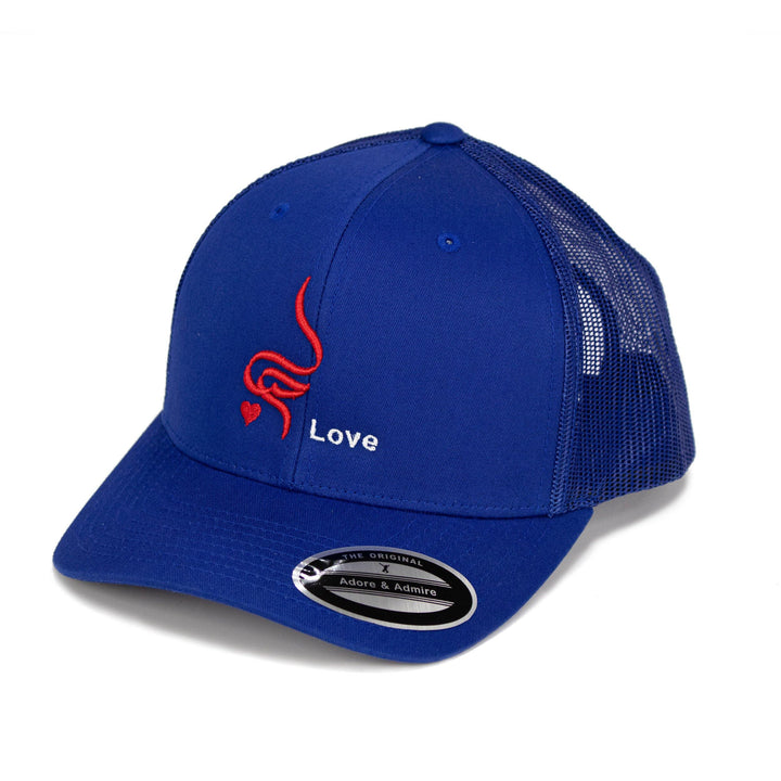Arabic Love Cap - Just Adore - Royal Blue Color Cap with Red Color Arabic Love calligraphy Embroidery  on the Front and UAE Flag Embroidery on the wearers Left Side and Brand Logo embroidery at the back side