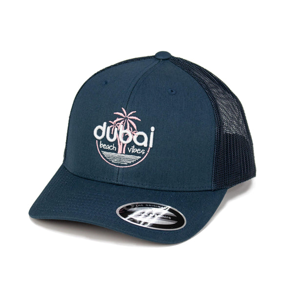Beach Vibes Cap - Dubai - Just Adore - Navy  Color trucker cap with dubai beach vibes with Palm tree embroidery at the front 