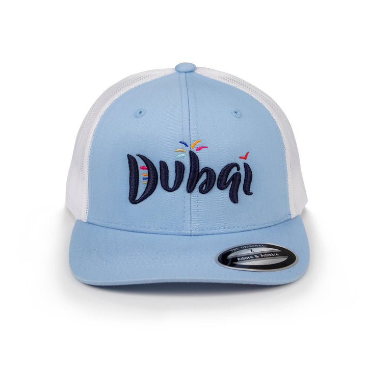 Burj Al Arab Cap - Just Adore - Skyblue Cap with Dubai 3D Embroidery inspired from burj al arab cap with firework on the front dubai flag embroidery on the wearers left side and brand logo embroidery at the back