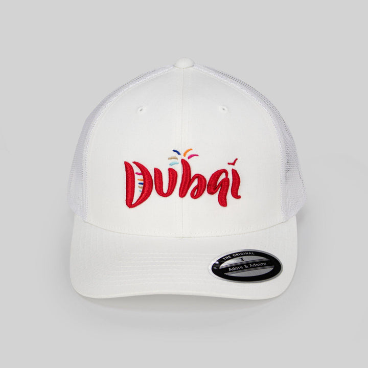 Burj Al Arab Cap - Just Adore - White Color Cap with Red Color Dubai 3D Embroidery with burj Al Arab design with fireworks at the front