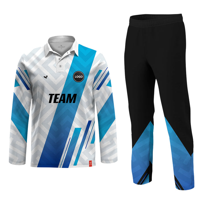 Blue and White Full Sublimation Cricket Team Uniform set, MOQ - 11 Sets - Just Adore