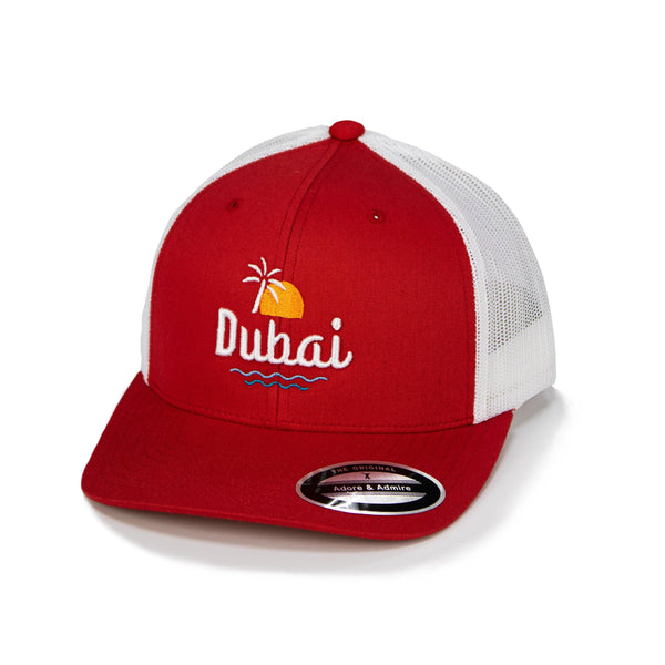 Dubai Sunset Cap - Just Adore - Red  and white color cap with palm tree and sunset with dubai embroidery trucker cap unisex cap
