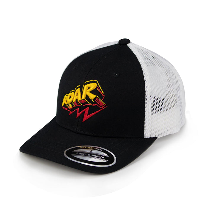 Roar Cap - Just Adore - Black and white cap with Yellow and red ROAR logo and 3D Embroidery in poly cotton fabric and mesh fabric at the back trendy unisex cap