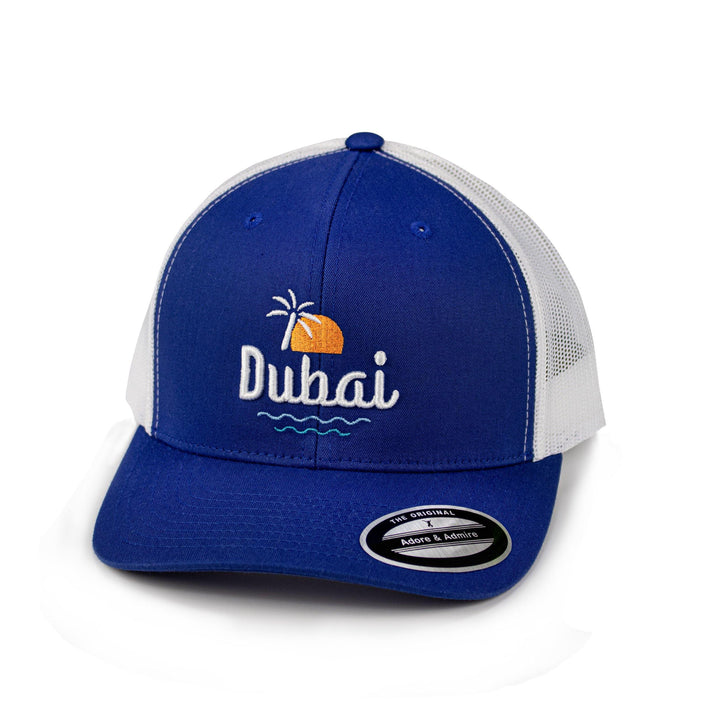 Dubai Sunset Cap - Just Adore - Royal blue and white color cap with palm tree and sunset with dubai embroidery trucker cap unisex cap