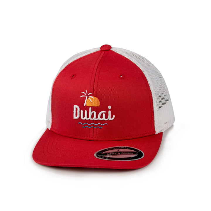 Dubai Sunset Cap - Just Adore - Red and white color cap with palm tree and sunset with dubai embroidery trucker cap unisex cap