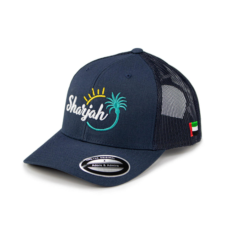 Sharjah Cap - Just Adore - Dark Blue cap with Sharjah logo and palm tree Embroidery in poly cotton fabric and netted fabric in back it is unisex cap visit our website for more collection