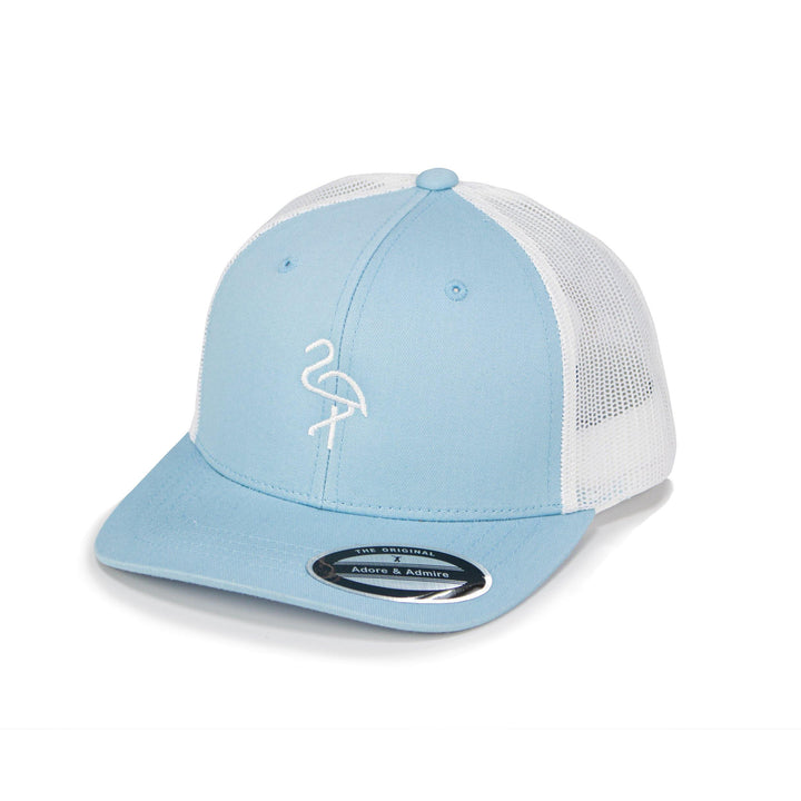 Flamingo Cap - Just Adore - Skyblue and White trucker cap with Flamingo bird embroidery at the front and unisex cap