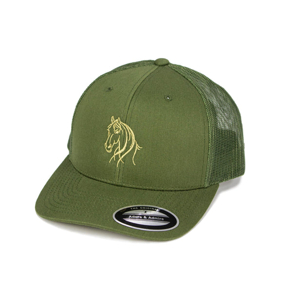Horse Cap - Just Adore - Olive green trucker cap with horse embroidery on the front and unisex cap and casual and trendy wear
