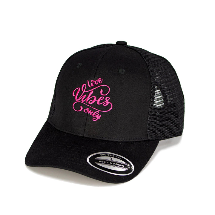 Love Vibes Cap - Just Adore -  Black unisex cap with pink color love vibes only logo 3D embroidery poly cotton fabric and mesh fabric at the back cap for man and women