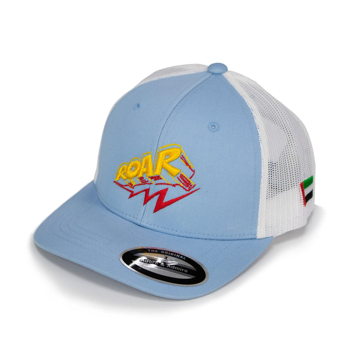 Roar Cap - Just Adore - Sky blue and white cap with ROAR logo and UAE flag 3D Embroidery in poly cotton fabric and mesh fabric at the back for man and women cap
