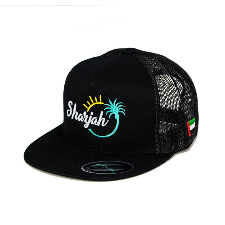 Sharjah Cap - Just Adore - Sharjah logo cap Black with white Embroidery UAE flag summer collection Best quality netted fabric cap black cap 