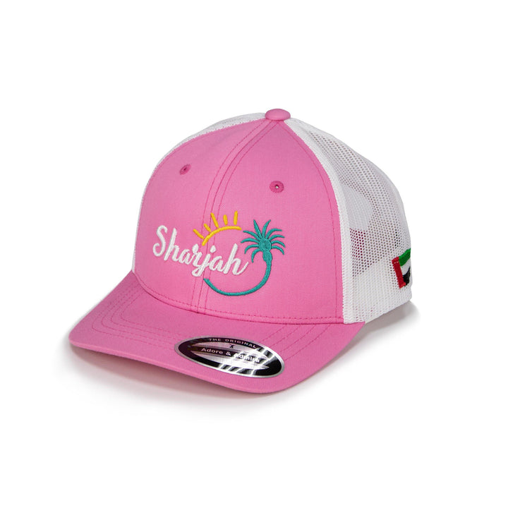 Sharjah Cap - Just Adore - Pink Sharjah logo Embroidery cap Pink with white color mix cap with netted fabric in back 
