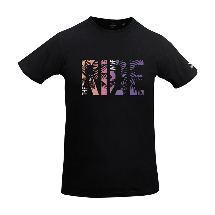 Ride the Wave Organic Cotton Tshirt - Just Adore - Black tshirt with Ride multicolor  printing with palm tree and slim fit tshirt in trendy look for men