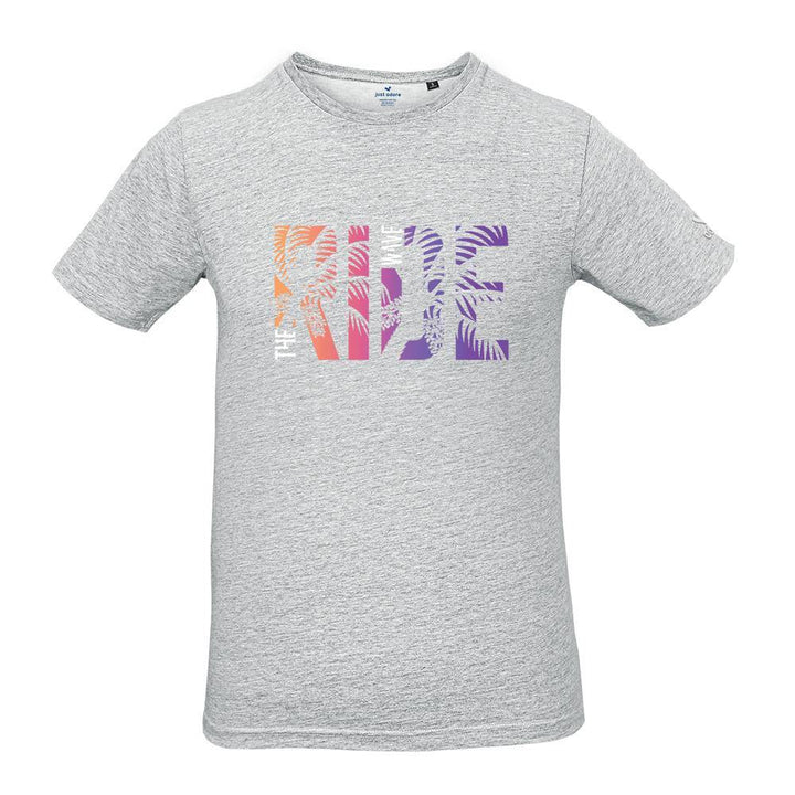 Ride the Wave Organic Cotton Tshirt - Just Adore - Grey tshirt with Ride multicolor printing with palm tree and slim fit tshirt in casual look for men
