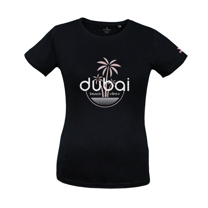 Dubai beach vibes Organic Cotton Tee - Just Adore - Black crew neck Tees for women with dubai beach vibes and palm tree printing on the front side slim fit Tees