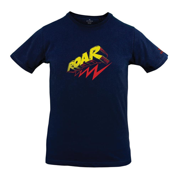 Roar Organic Cotton Tshirt - Just Adore - Blue tshirt with yellow and red ROAR printing slim fit tshirt and trendy look for men