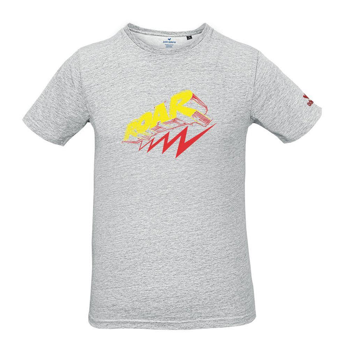 Roar Organic Cotton Tshirt - Just Adore - Grey tshirt men with Yellow and red ROAR printing slim fit tshirt and trendy look for men