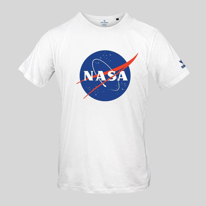 NASA Organic Cotton Tshirt - Just Adore - White tshirt with NASA logo in blue and red printing and slim fit tshirt and casual wear for men