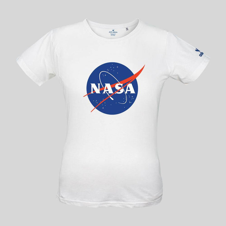 NASA Organic Cotton Tee - Just Adore - White women tshirt with NASA logo in blue and red printing and slim fit tshirt and casual wear for women