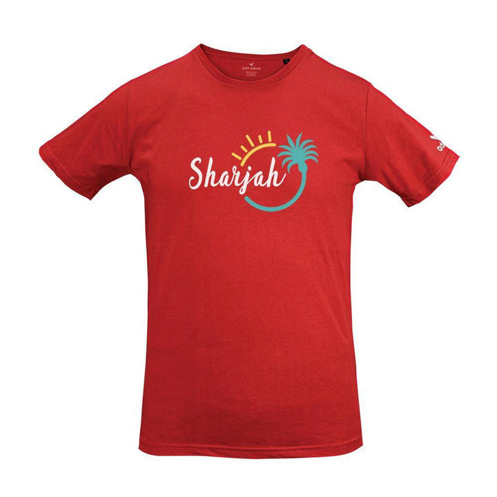 Sharjah Organic Cotton Tshirt - Just Adore - Crew neck Red tshirt with white Sharjah logo printing with palm tree it is slim fit tshirt with organic cotton fabric and trendy look for men 