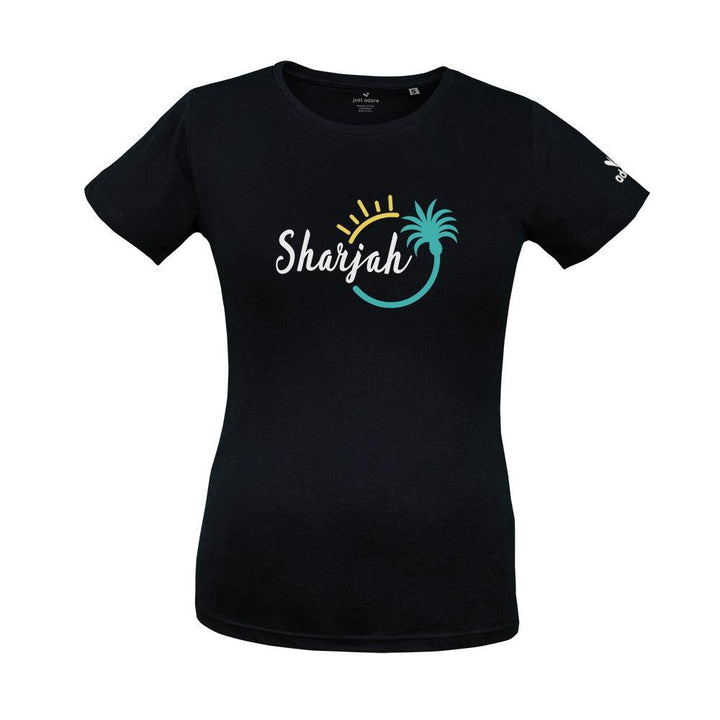Sharjah Organic Cotton Tee - Just Adore - Black tshirt with Sharjah logo printing with palm tree it is slim fit tshirt with organic cotton fabric and casual wear for Women 
