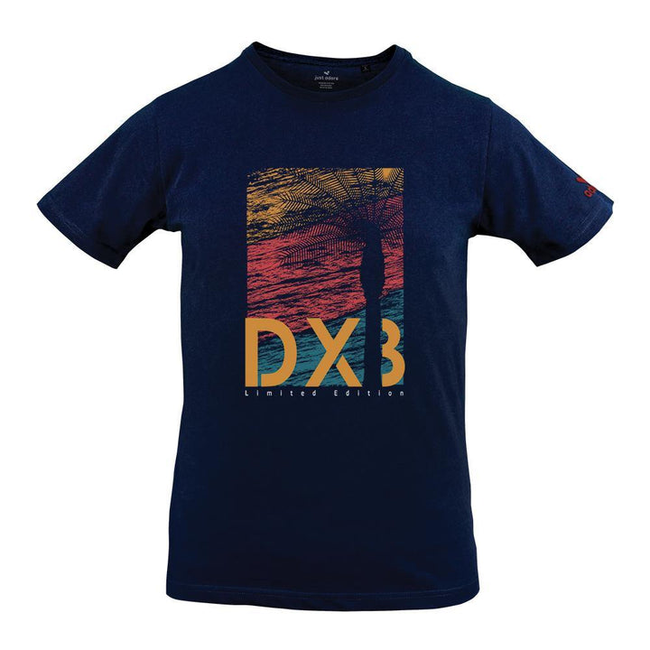 DXB Edition Organic Cotton Tshirt - Just Adore - Navy Crew Neck Tshirt with multicolor DXB and palm tree printing and slim fit with 3D brand logo printing on the left sleeve