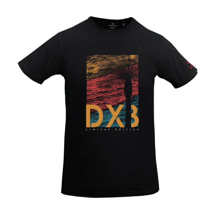DXB Edition Organic Cotton Tshirt - Just Adore -  Black Crew Neck Tshirt with multicolor DXB and palm tree printing  and slim fit with 3D brand logo printing on the left sleeve