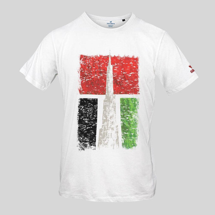 Burj Khalifa Tshirt - Men's Tshirt, Crew neck shop online | Just Adore® - Burj Khalifa Organic Cotton Tshirt - Just Adore - White Crew Neck Tshirt for men with Burj Khalifa and uae flag Printed on the front side and Brand Logo on the left sleeve Slim Fit Tshirt