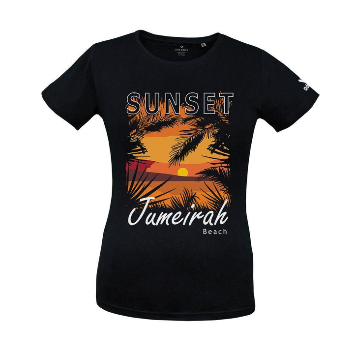 Jumeirah Organic Cotton Tee - Just Adore - Black Crew Neck Tees for women with palm tree and jumeirah beach sunset printing at the front and 3D brand logo at the left sleeve 