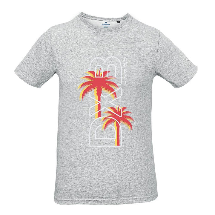 DXB Dubai Organic Cotton Tshirt - Just Adore - Grey Melange Crew Neck Tshirt for men with dxb and palm tree printing on the front casual wear and slim fit tshirt