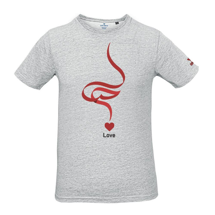 Arabic Love Organic Cotton Tshirt - Just Adore - Grey Melange Tshirt for men with Arabic Love calligraphy Printed on the front side and Brand Logo on the left sleeve
