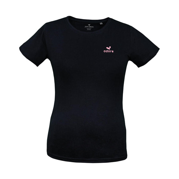 Adore Organic Cotton Tee - Just Adore - Black Crew Neck Tshirt for women with Pink Color 3D Print brand logo on the left chest