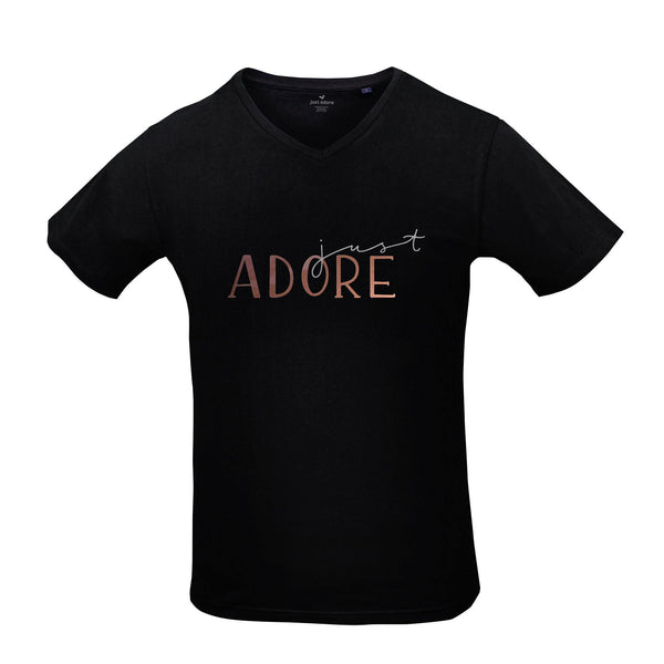 Just Adore Organic Cotton Tshirt - Just Adore - Black V neck men tshirt with copper color just adore calligraphy logo printing and slim fit tshirt in casual wear for men