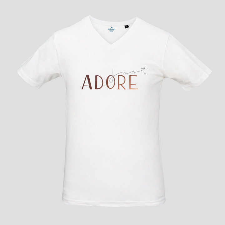 Just Adore Organic Cotton Tshirt - Just Adore - White V neck men tshirt with copper color just adore calligraphy logo printing and slim fit tshirt in casual wear for men