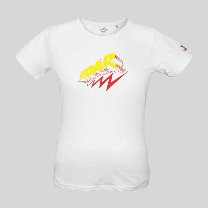 Roar Organic Cotton Tee - Just Adore - White tshirt with red and yellow ROAR printing slim fit tshirt casual look for women