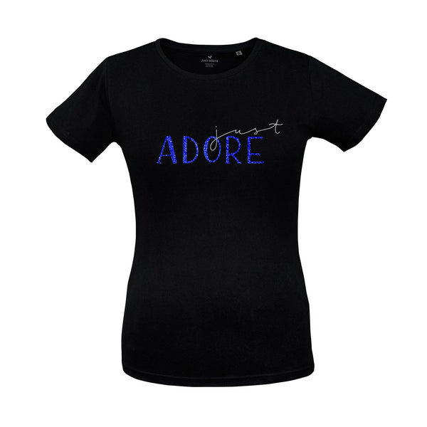 Just Adore Organic Cotton Tee Women - Just Adore - Black women tshirt with blue glitter printing with  just adore calligraphy writing and slim fit tshirt in trendy look for women