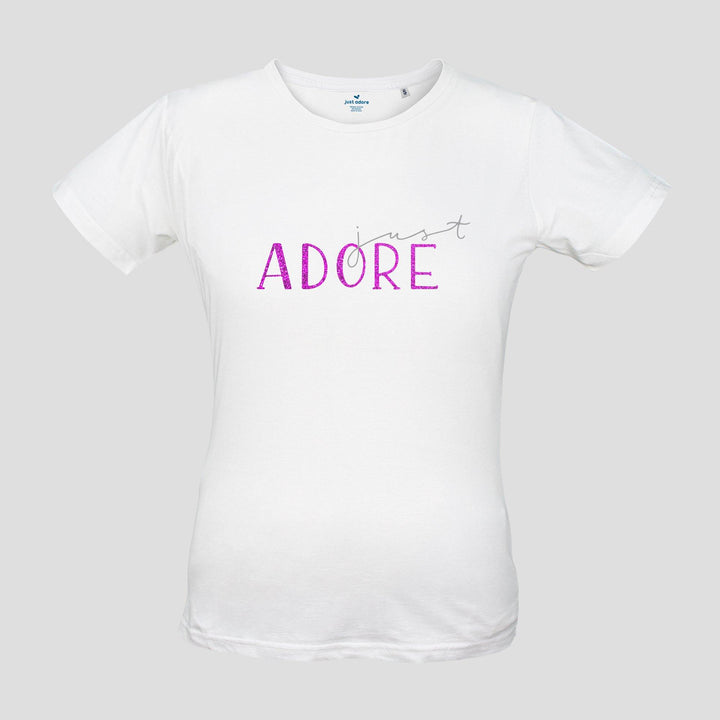 Just Adore Organic Cotton Tee Women - Just Adore - White women tshirt with pink glitter printing with just adore calligraphy writing and slim fit tshirt in trendy look for women