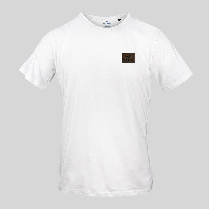 Adore Leather Badge Organic Cotton T-shirt - Just Adore - White Tshirt for men with leather badge embroiery logo on the left chest