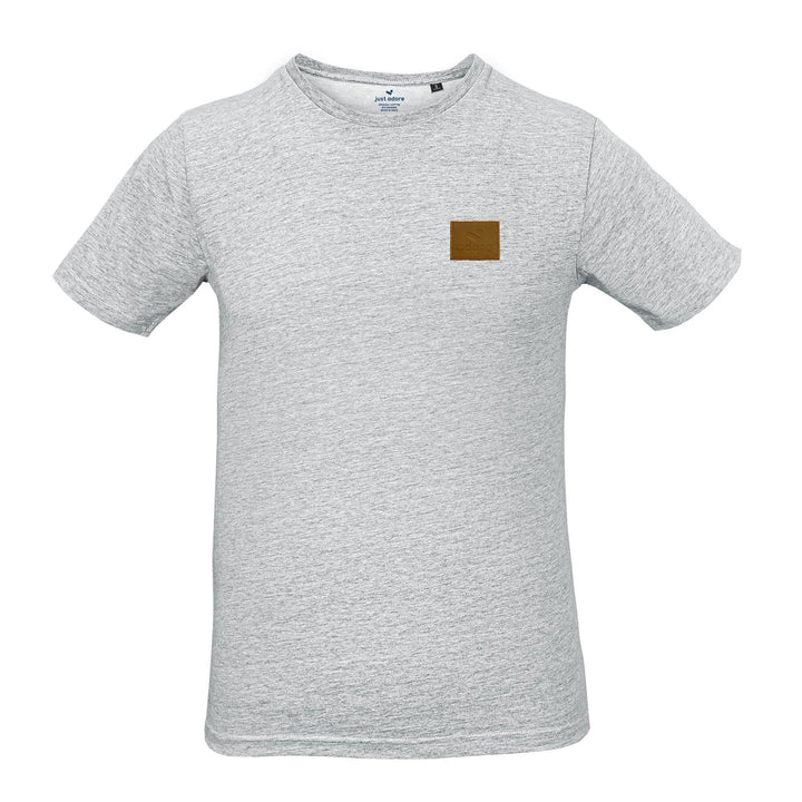 Adore Leather Badge Organic Cotton T-shirt - Just Adore - Grey Melange Tshirt for men with leather badge embroiery logo on the left chest