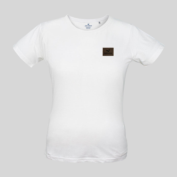 Adore Leather Badge Organic Cotton Tee - Just Adore - White Crew Neck Tshirt for women with leather badge embroiery brand logo on the left chest